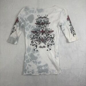 Y2K Sledge USA Ribbed Long Sleeve V-Neck Bedazazled Tie-Dye Shirt Women's Large